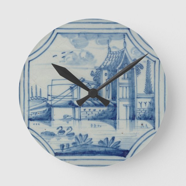 Delft tile showing a drawbridge over a canal, 19th round clock (Front)