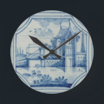Delft tile showing a drawbridge over a canal, 19th round clock<br><div class="desc">Image:56463  Delft tile showing a drawbridge over a canal,  19th century. Dutch School,  (19th century). Private Collection,  The Stapleton Collection.  Art,  Fine Art.</div>