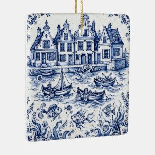 Delft Town & Fishing Harbour Cobalt Blue White  Ceramic Ornament
