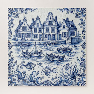 Delft Town & Fishing Harbour Cobalt Blue White  Jigsaw Puzzle