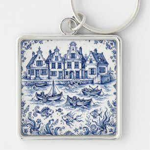 Delft Town & Fishing Harbour Cobalt Blue White Keychain
