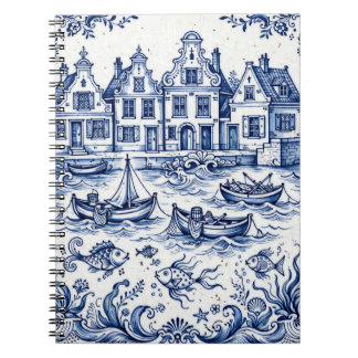 Delft Town & Fishing Harbour Cobalt Blue White  Notebook