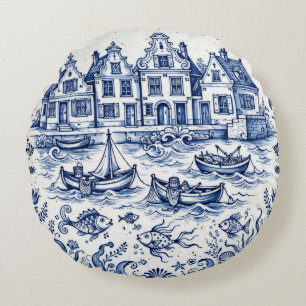 Delft Town & Fishing Harbour Cobalt Blue White  Round Pillow