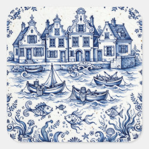 Delft Town & Fishing Harbour Cobalt Blue White Square Sticker