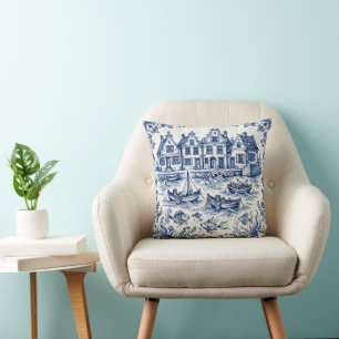 Delft Town & Fishing Harbour Cobalt Blue White  Throw Pillow