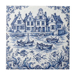 Delft Town & Fishing Harbour Cobalt Blue White Tile