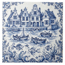 Delft Town & Fishing Harbour Cobalt Blue White 