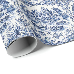 Delft Town & Fishing Harbour Cobalt Blue White  Wrapping Paper