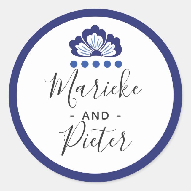 Delfts Blauw Delft Blue Dutch Wedding Personalized Classic Round Sticker (Front)