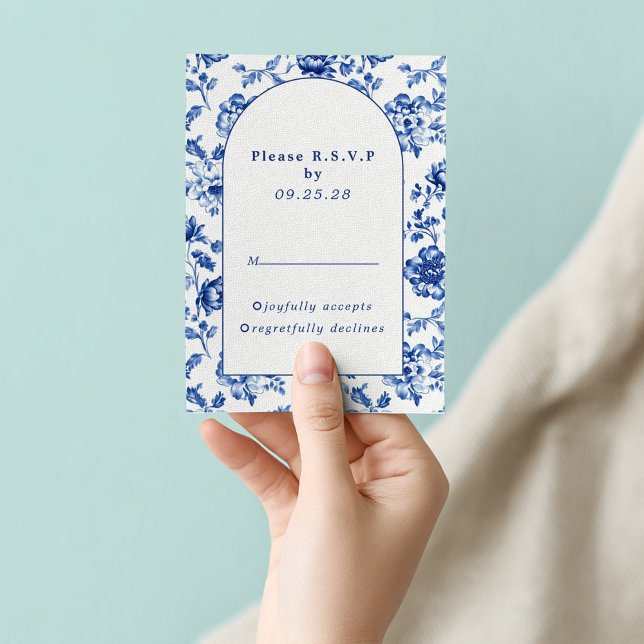 Delftware-Inspired Blue Floral arch response rsvp (Delftware arch, blue and white wedding rsvp card)