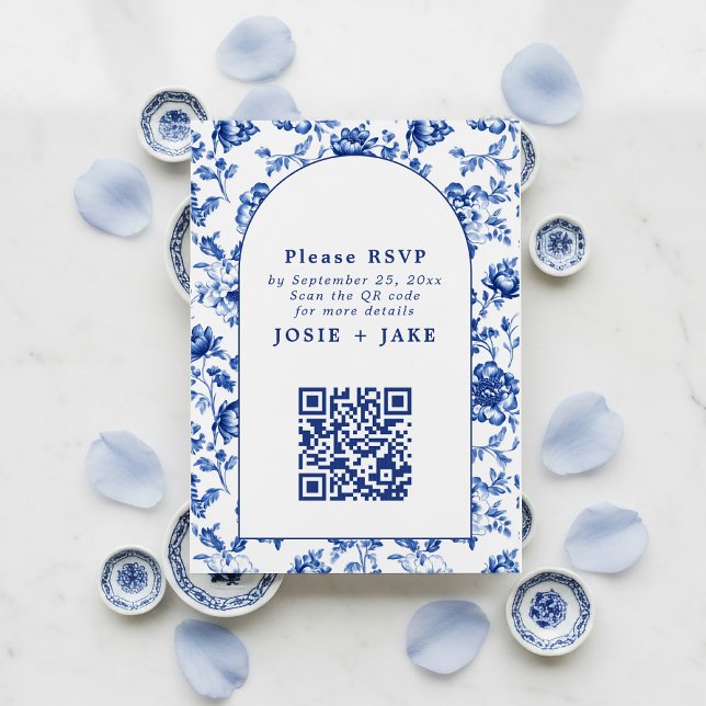 Delftware Inspired Blue Floral RSVP qr code Enclosure Card (Delftware arch frame, blue and white RSVP card with QR code.)