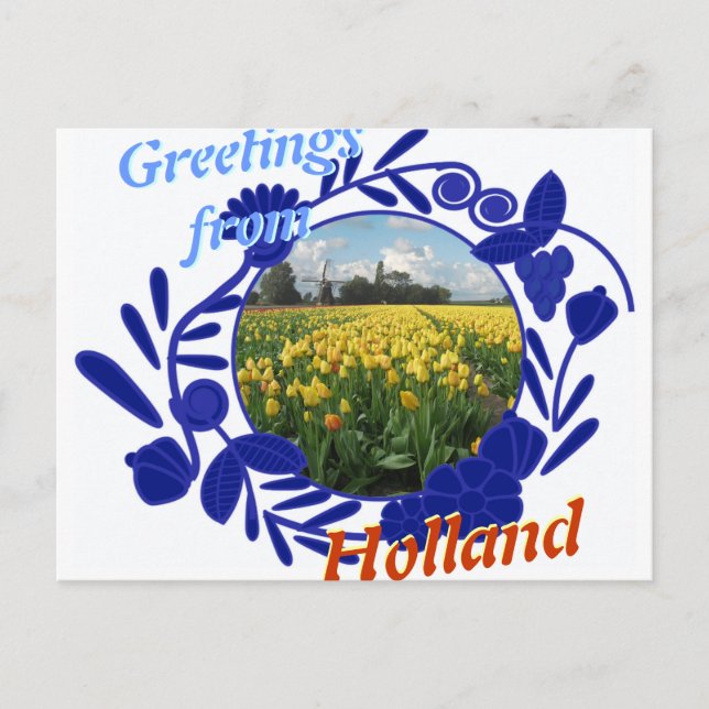 Delftware Pattern Tulips Greetings from Holland Postcard (Front)