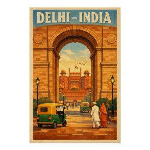 Delhi, India, in a classic retro travel Poster