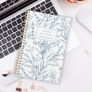 Délicat Bleu Blanc Motif Floral Monogramme 2024