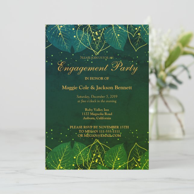 Délicat Green et Gold Feuilles Invitation (Debout devant)