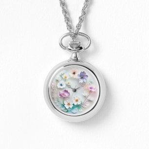  Delicate 3D Pastel Flowers Watch Necklace 
