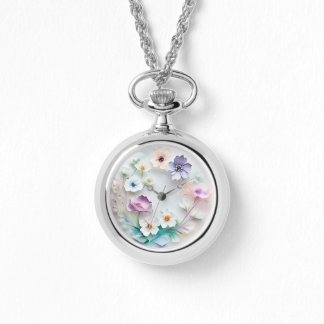 Delicate 3D Pastel Flowers Watch Necklace