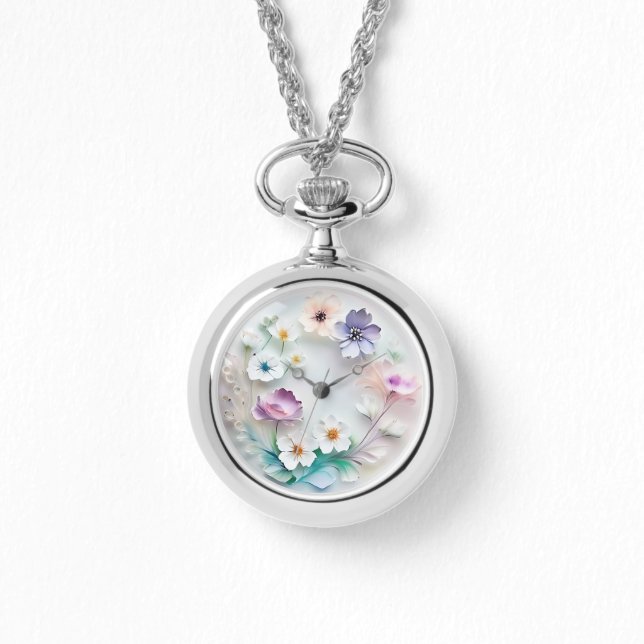  Delicate 3D Pastel Flowers Watch Necklace  (Front)