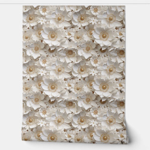 Delicate 3d white and gold flowers spring floral wallpaper