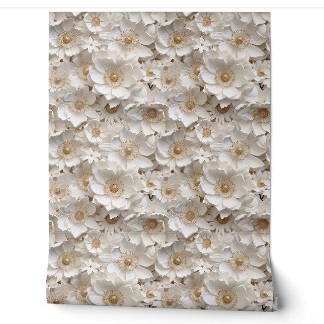 Delicate 3d white and gold flowers spring floral wallpaper (Unrolling)