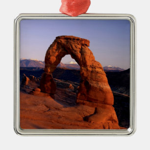 Delicate Arch at Sunset with snow covered La Metal Ornament