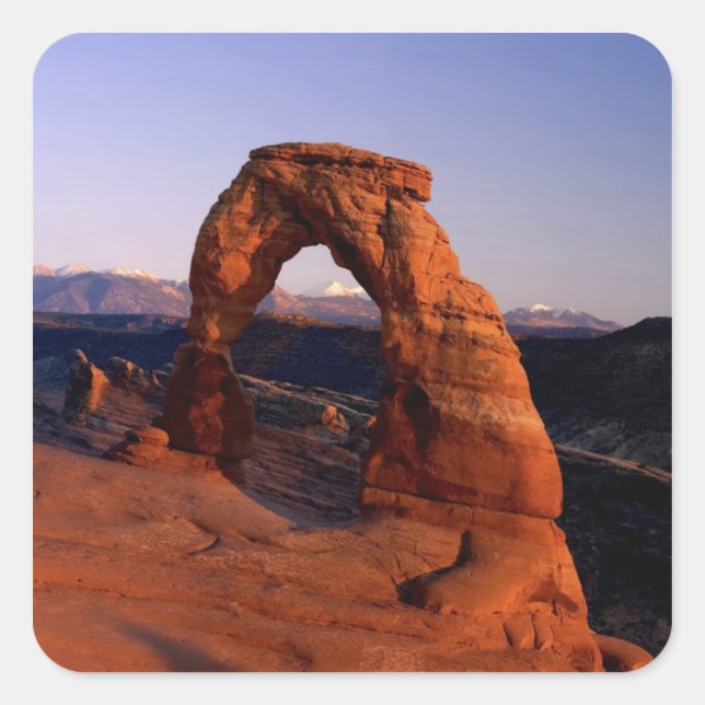 Delicate Arch at Sunset with snow covered La Square Sticker (Front)