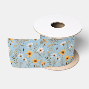 Delicate Australian Wildflowers On Blue, Satin Ribbon