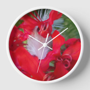 Delicate Beauty: Red Flower with White Feather Clock