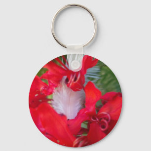 Delicate Beauty: Red Flower with White Feather Keychain