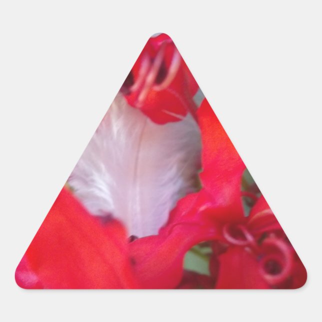 Delicate Beauty: Red Flower with White Feather Triangle Sticker (Front)