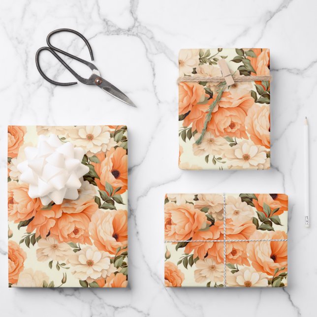 Delicate beige peach flowers wrapping paper sheet (Front)