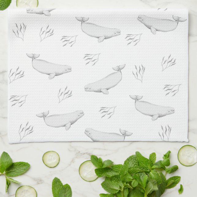 Delicate Beluga Whales And Sea Weed Illustration Kitchen Towel (Folded)