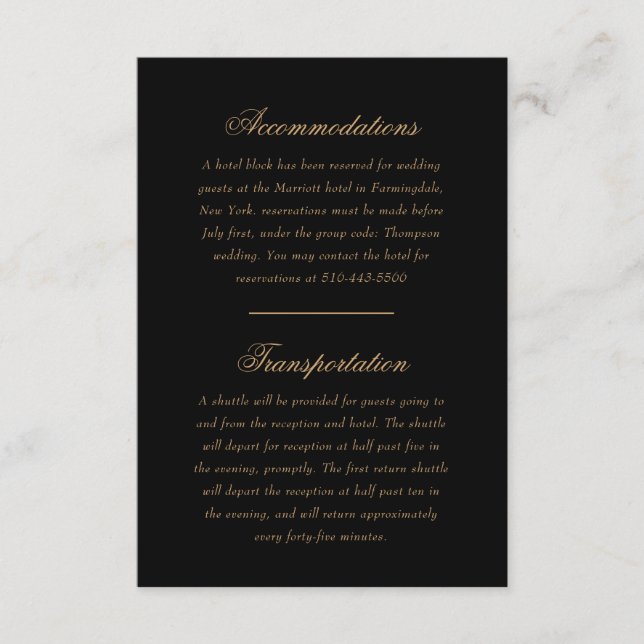 Delicate Black and Gold Script Wedding Direction Enclosure Card (Front)