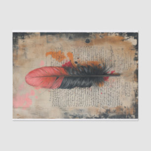 Delicate Black and Red Feather on Old Paper