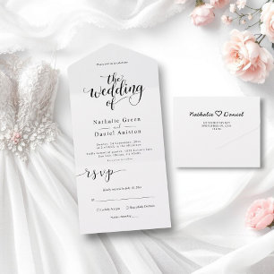 Delicate Black and White Script Simple Wedding All In One Invitation
