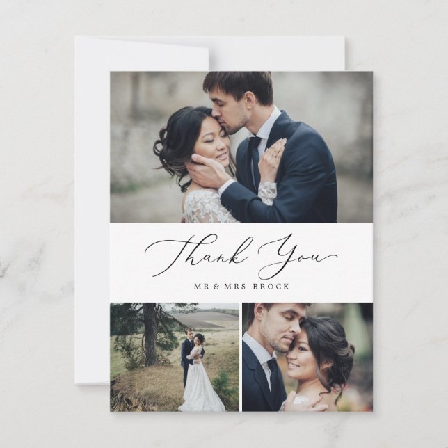 Delicate Black Calligraphy 3 Photo Collage Thank You Card (Front)