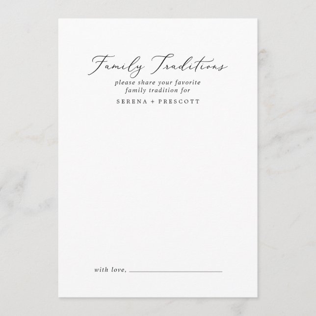 Delicate Black Calligraphy Family Traditions Advice Card (Front)