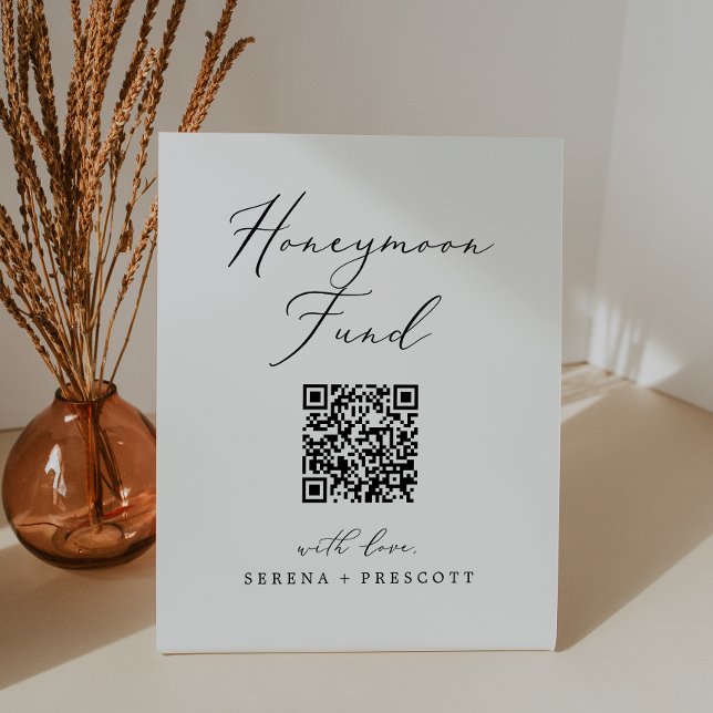Delicate Black Calligraphy QR Code Honeymoon Fund Pedestal Sign (Creator Uploaded)