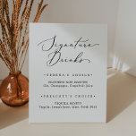 Delicate Black Calligraphy Signature Drinks Pedestal Sign<br><div class="desc">This delicate black calligraphy signature drinks pedestal sign is perfect for a modern wedding. The romantic minimalist design features lovely and elegant black typography on a white background with a clean and simple look,  Personalize the sign with the names of the couple.</div>