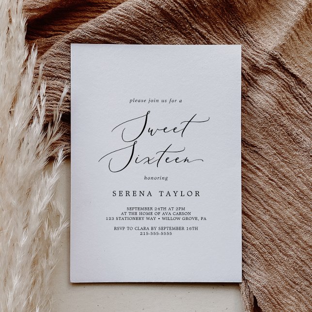 Delicate Black Calligraphy Sweet Sixteen Birthday Invitation (Creator Uploaded)