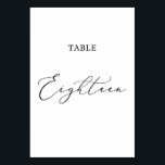 Delicate Black Calligraphy Table Eighteen Table Number<br><div class="desc">This delicate black calligraphy table eighteen table number is perfect for a modern wedding. The romantic minimalist design features lovely and elegant black typography on a white background with a clean and simple look. The card prints on the front and back (double-sided). Other table numbers in the collection are sold...</div>