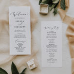 Delicate Black Calligraphy Wedding Party Program<br><div class="desc">This delicate black calligraphy wedding party program is perfect for a modern wedding. The romantic minimalist design features lovely and elegant black typography on a white background with a clean and simple look. Include the name of the bride and groom, the wedding date and location, thank you message, order of...</div>