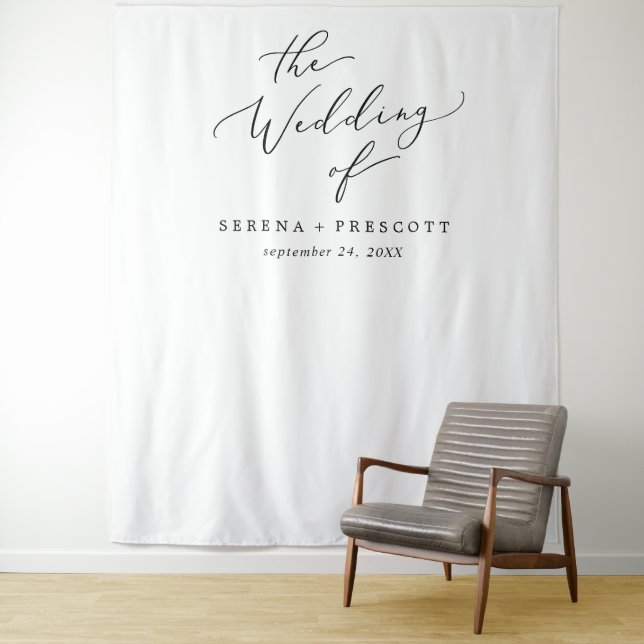 Delicate Black Calligraphy Wedding Photo Backdrop Tapestry (In Situ)