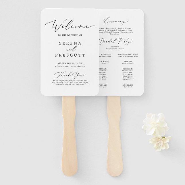 Delicate Black Calligraphy Wedding Program Hand Fan (Front and Back)