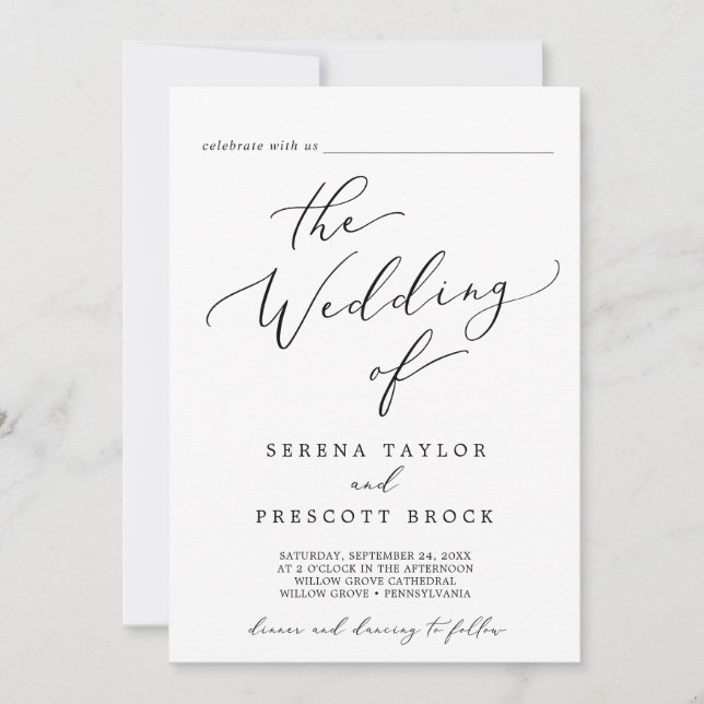 Delicate Black Guest Name All In One Wedding Invitation (Front)