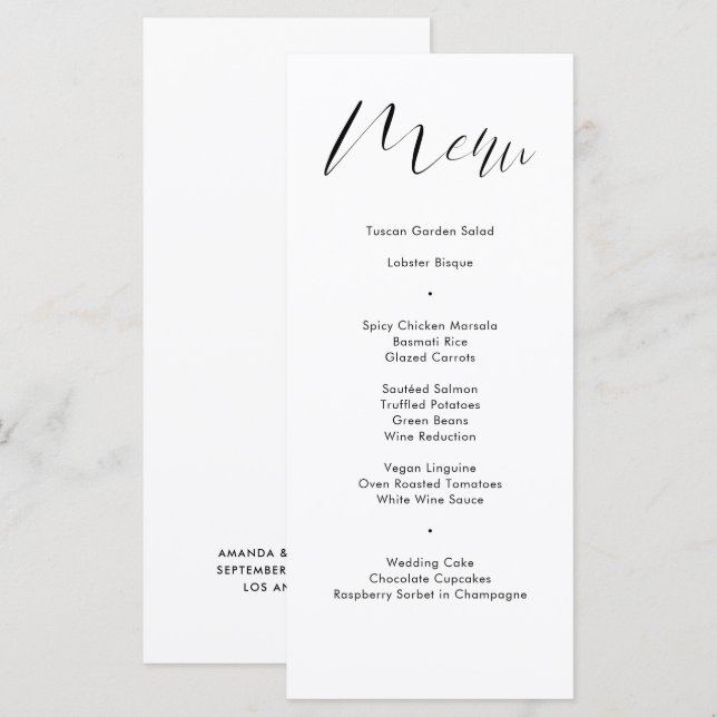 Delicate Black White Calligraphy Script Wedding  Menu (Front/Back)
