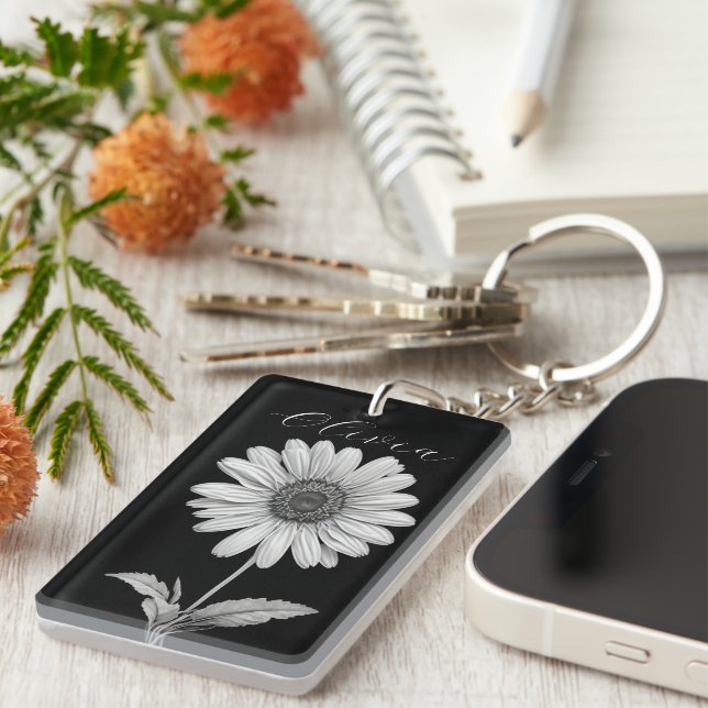 Delicate Black & White Daisy  Keychain (Front Right)