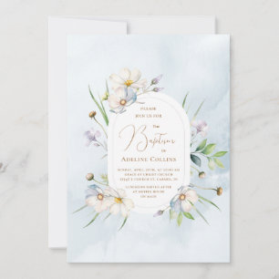 Delicate Blooms Soft Blue Watercolor Baptism Invitation