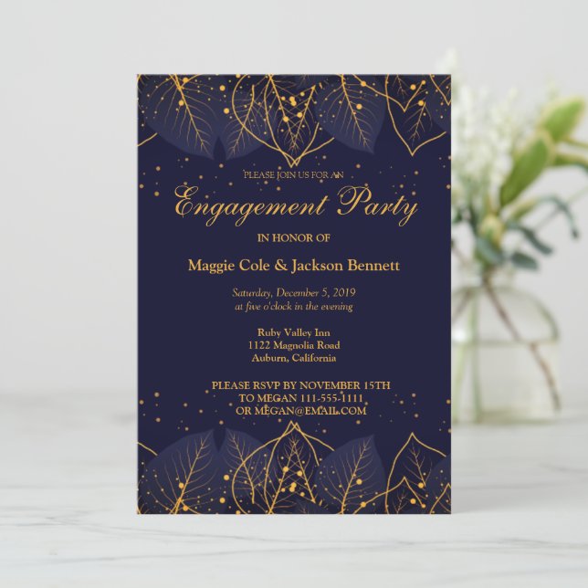 Delicate Blue and Gold Leaves Invitation (Standing Front)