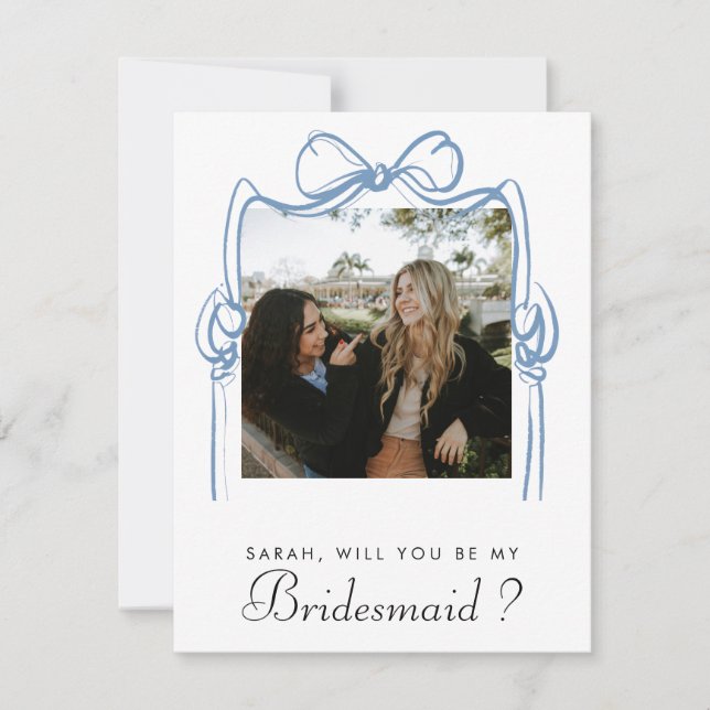 Delicate Blue Bow Will You Be My Bridesmaid Photo (Front)